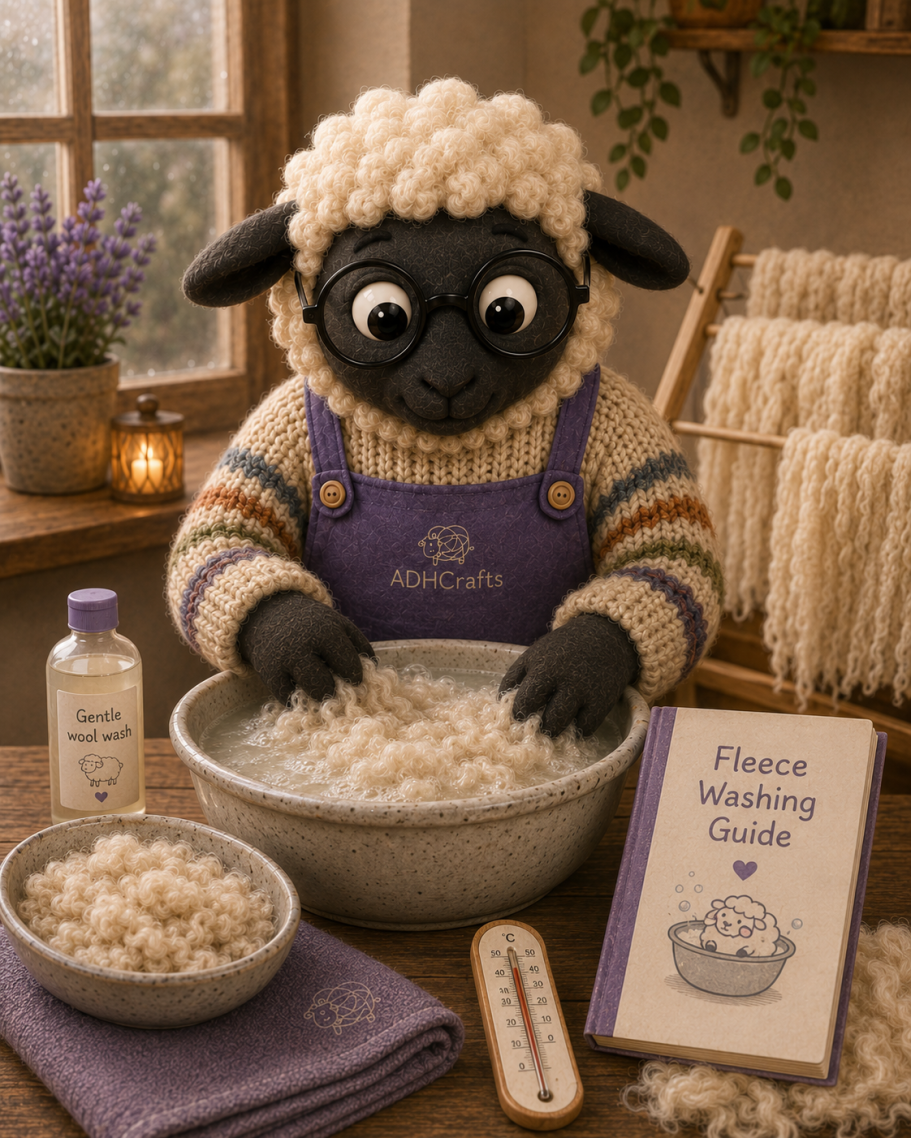 A sheep character in a cozy setting, washing fleece in a bowl with a guidebook beside.